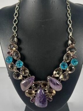 Artisan Made Bib Statement Necklace in Purple Amethyst, Topaz & Smoky Quartz
